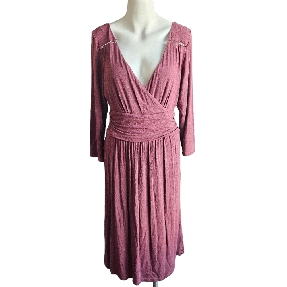 Maeve Anthropologie Women's Midi Galena Dress Wine 3/4‎ Sleeve Size Large